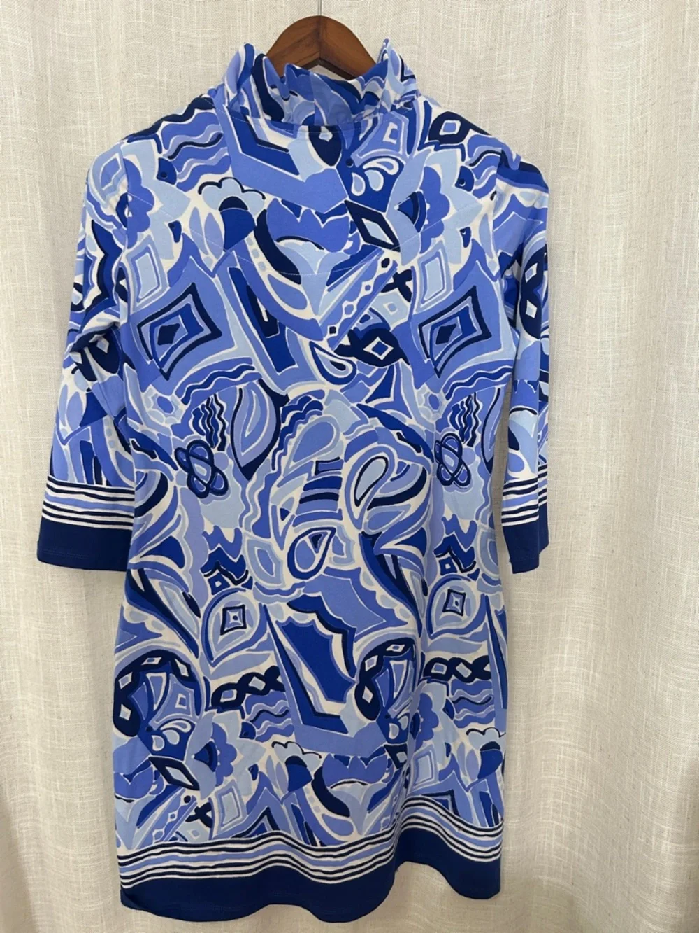 Barbara Erickson Blue Patterned Tunic Ruffle Neck Dress Size Small - Picture 2 of 11